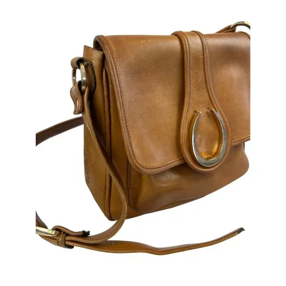 Vintage Tan Leather Crossbody Bag Gold Horseshoe Adjustable Strap - Picture 2 of 14